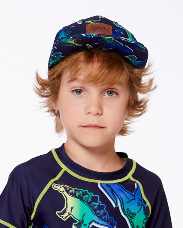 Deux Par Deux Casquette marine imprimée de dino bleu et vert (6-24mois/3-6ans)