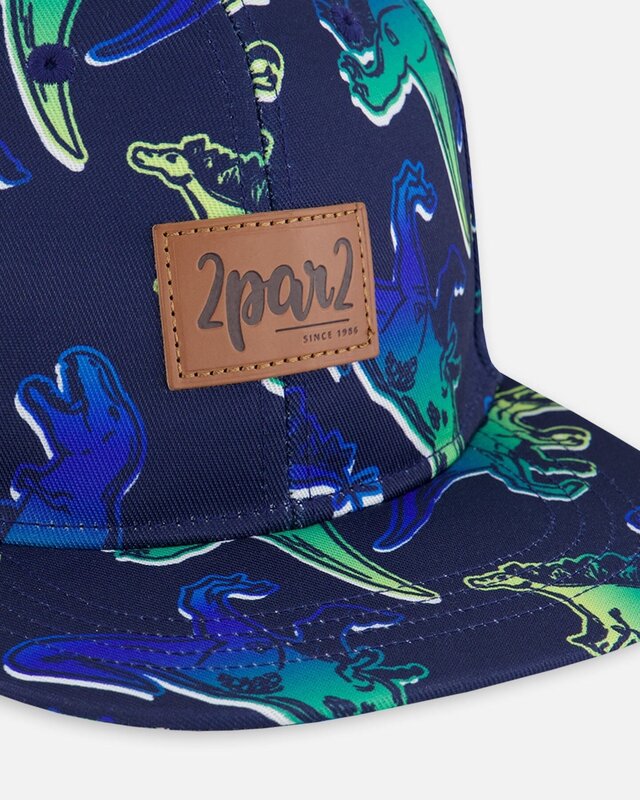 Deux Par Deux Casquette marine imprimée de dino bleu et vert (6-24mois/3-6ans)