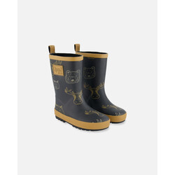 Deux Par Deux Printed Rain Boots Beige Animals On Black Background (4E/6E)
