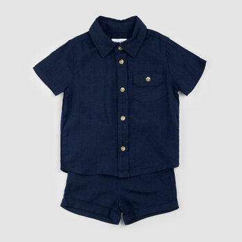 Miles the label Navy Linen Blend Shirt & Shorts Set (3m/24m)