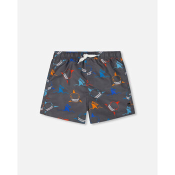 Deux Par Deux Printed Boardshorts Orange, Red, And Blue Sharks On Gray (11/12yr)