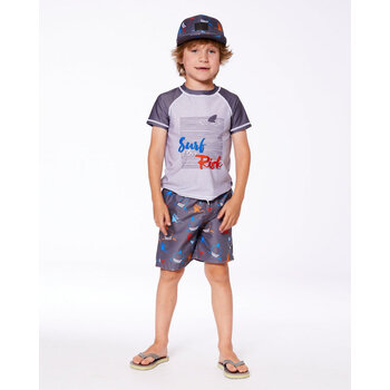 Deux Par Deux Printed Boardshorts Orange, Red, And Blue Sharks On Gray (11/12yr)
