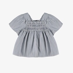 Souris Mini T-shirt bleu et blanc à rayures en popeline avec détails en nid d'abeille (6-9m/2-3ans)