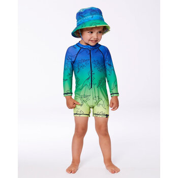 Deux Par Deux Printed Long Sleeve One-Piece Rashguard Vibrant Blue And Green Dino (2-3Y/5-6Y)