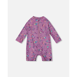 Deux Par Deux Printed Long Sleeve One-Piece Rashguard Old Mauve And Multicolored Butterflies (3-6m/18-24m)