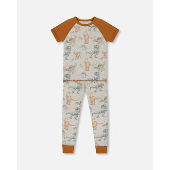 Deux Par Deux Two-Piece Short Sleeve Top And Pant Pajama Set Dinosaur (12m/24m)