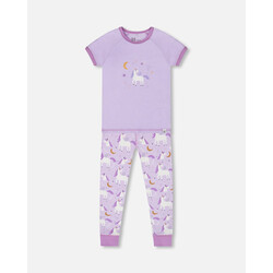 Deux Par Deux Short Sleeve Top And Pant Pajama Set White Unicorn On Mauve (12m/24m)