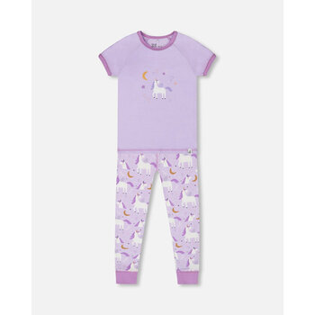 Deux Par Deux Short Sleeve Top And Pant Pajama Set White Unicorn On Mauve (12m/24m)