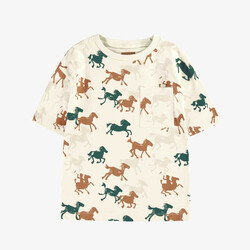 Souris Mini T-shirt crème à motif de chevaux colorés (3-6ans)
