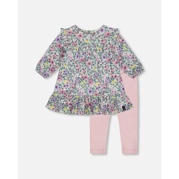Deux Par Deux Ensemble robe en mousseline imprimée sauge fleuris et legging uni (3m/24m)