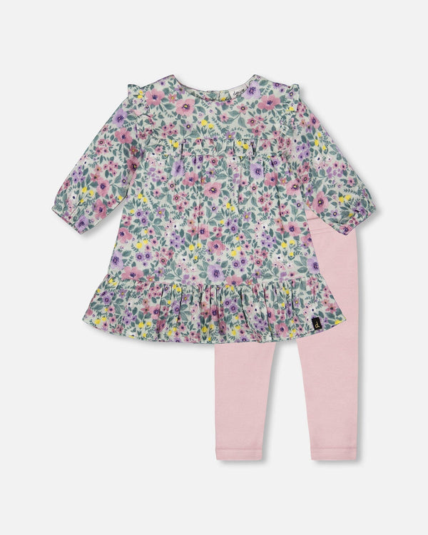 Deux Par Deux Ensemble robe en mousseline imprimée sauge fleuris et legging uni (3m/24m)