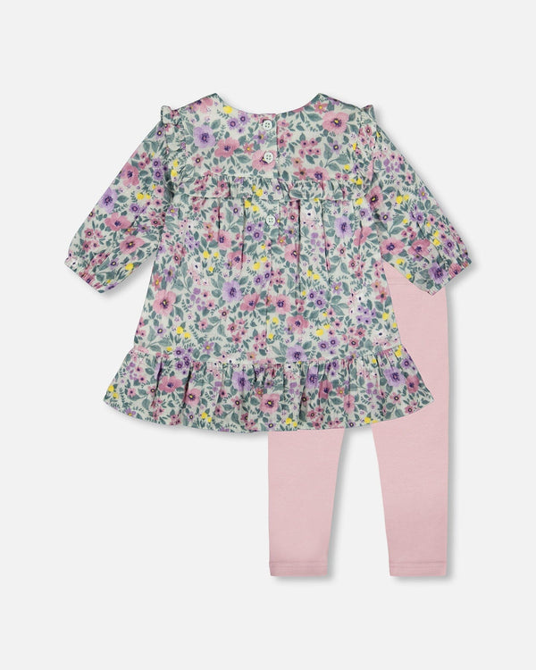 Deux Par Deux Ensemble robe en mousseline imprimée sauge fleuris et legging uni (3m/24m)