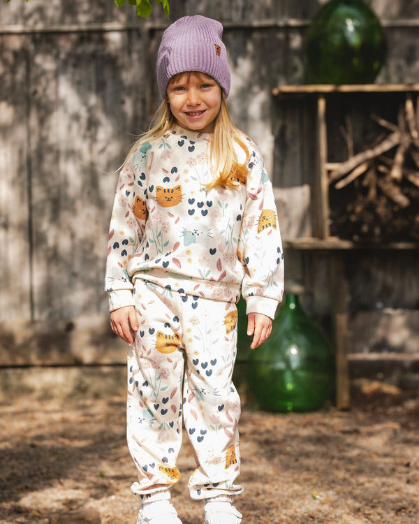 Deux Par Deux Sweat en molleton scintillant beige imprimé chats (2ans/5ans)