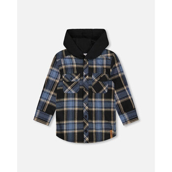 Deux Par Deux Chemise en flanelle à manches longues avec capuchon bleu et noir (2ans/8ans)