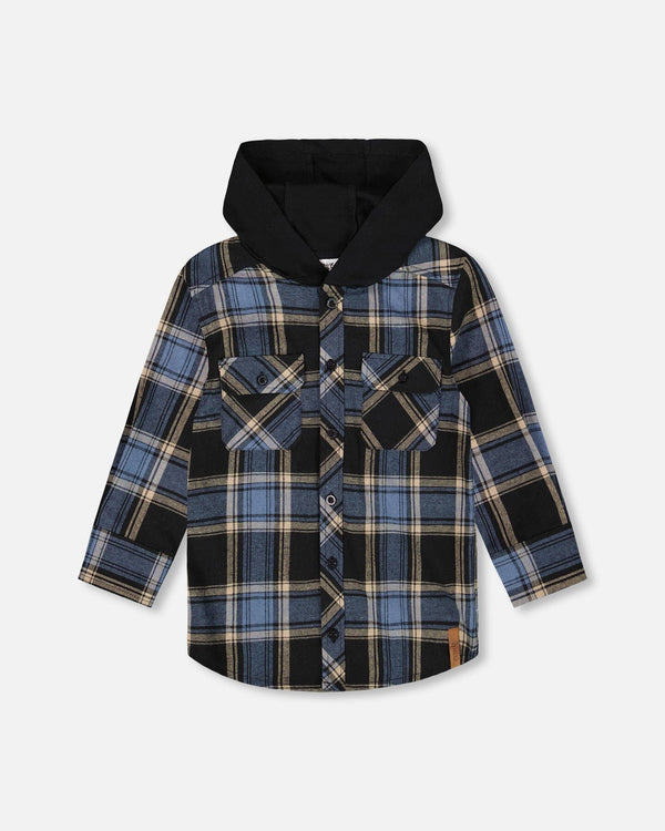 Deux Par Deux Chemise en flanelle à manches longues avec capuchon bleu et noir (2ans/8ans)