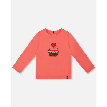 Deux Par Deux Organic Cotton T-Shirt Coral With Cupcake (2y/6y)