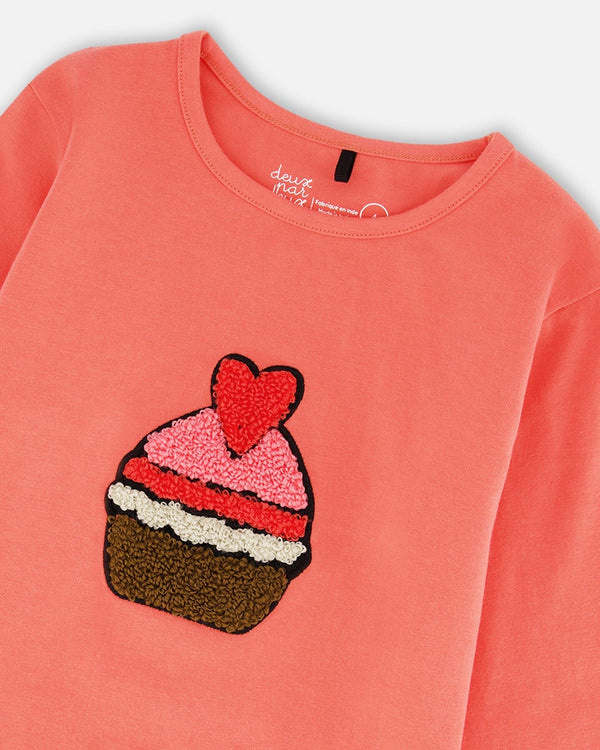 Deux Par Deux T-shirt en coton biologique corail avec cupcake (2ans/6ans)