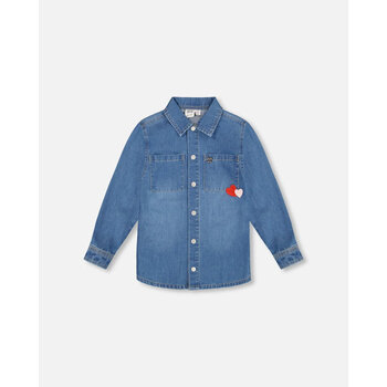 Deux Par Deux Denim Shirt Light Blue With Patch Pockets And Apple Patch (5y/8y)