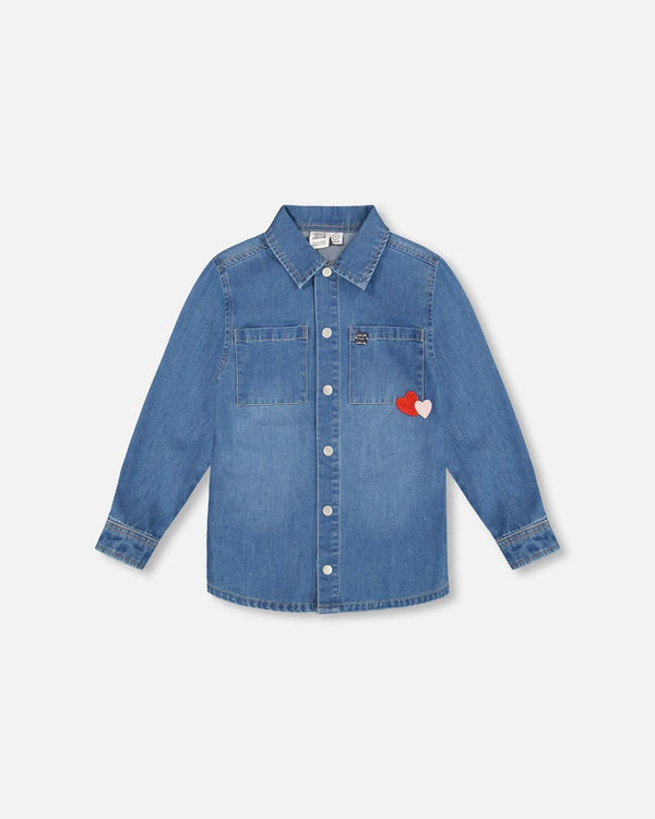 Deux Par Deux Chemise en denim bleu pâle avec poches plaquées et écusson en forme de pomme(5ans/8ans)