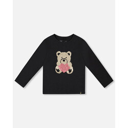 Deux Par Deux T-shirt en coton biologique noir avec nounours à paillettes réversibles (2ans/6ans)