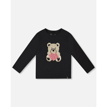 Deux Par Deux Black Organic Cotton T-Shirt With Reversible Sequin Teddy Bear (2y/6y)