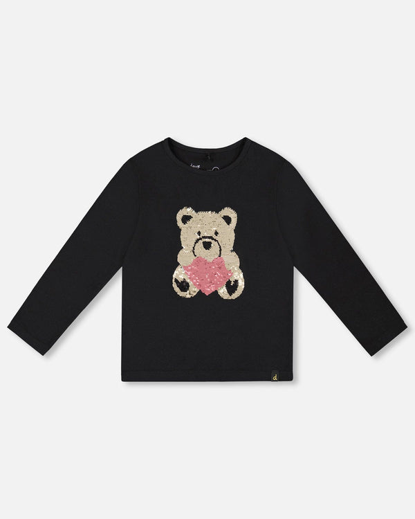 Deux Par Deux T-shirt en coton biologique noir avec nounours à paillettes réversibles (2ans/6ans)