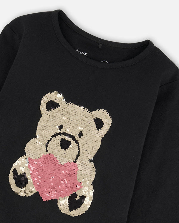 Deux Par Deux T-shirt en coton biologique noir avec nounours à paillettes réversibles (2ans/6ans)