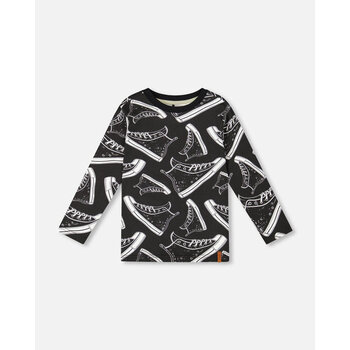 Deux Par Deux Long Sleeve Organic Cotton Allover Print Tee Black (2y/8y)