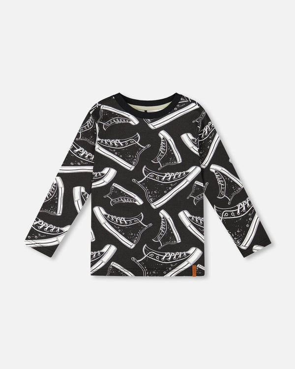 Deux Par Deux Long Sleeve Organic Cotton Allover Print Tee Black (2y/8y)