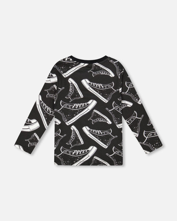 Deux Par Deux Long Sleeve Organic Cotton Allover Print Tee Black (2y/8y)