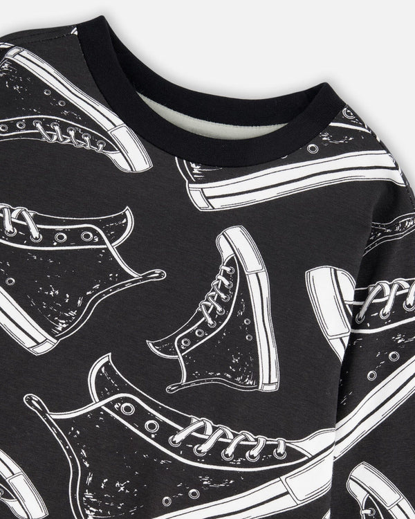 Deux Par Deux Long Sleeve Organic Cotton Allover Print Tee Black (2y/8y)