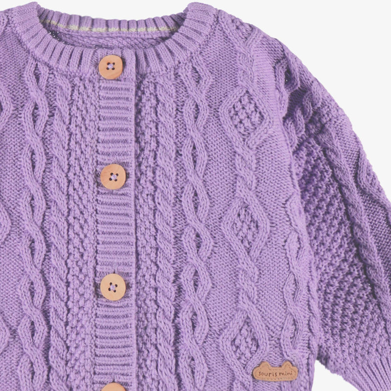 Souris Mini Cardigan mauve en tricot torsadé (0-3m/12-18m)