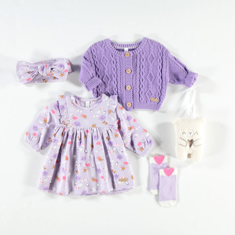Souris Mini Cardigan mauve en tricot torsadé (0-3m/12-18m)