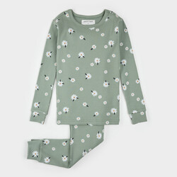 Petit Lem Daisy Print on Sage Green Ribbed PJ Set (2y/6x)