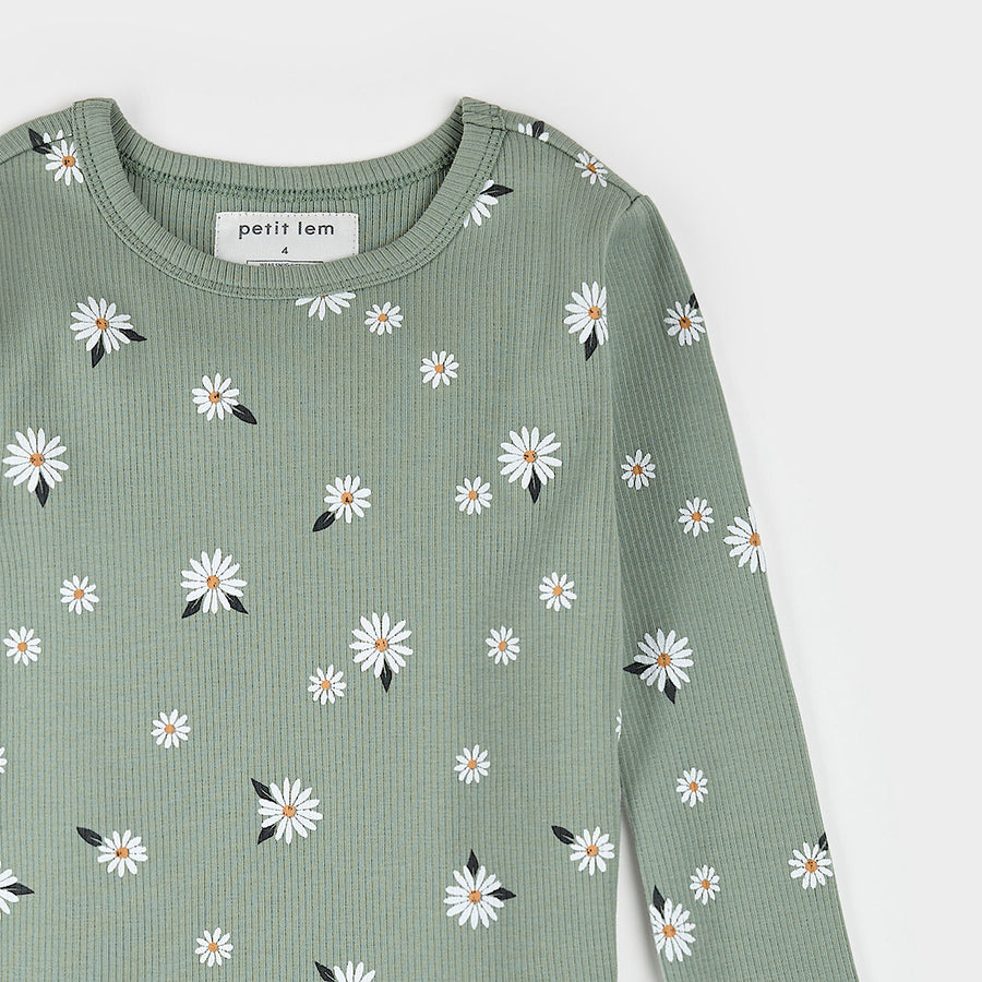 Petit Lem Daisy Print on Sage Green Ribbed PJ Set (2y/6x)