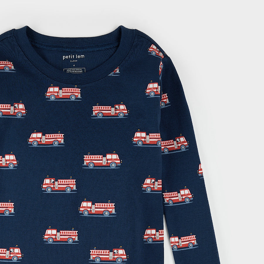 Petit Lem Fire Truck Print on Navy Blue PJ Set (2y/7y)