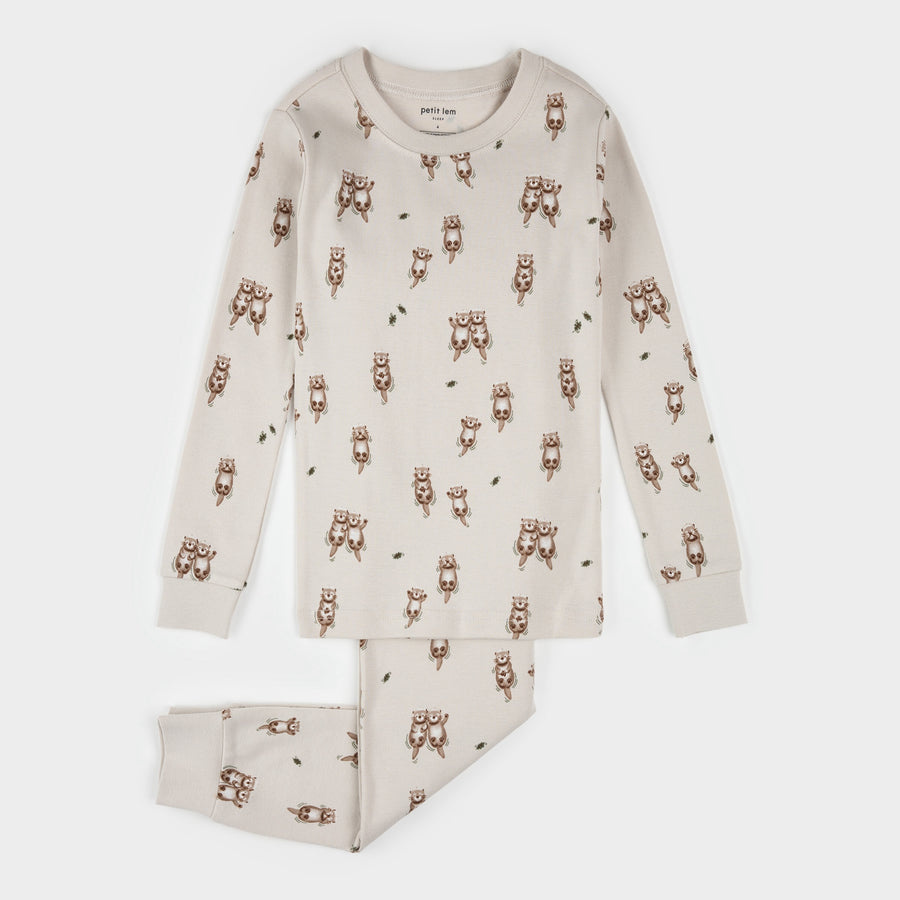 Petit Lem Ensemble pyjama crème imprimé loutre