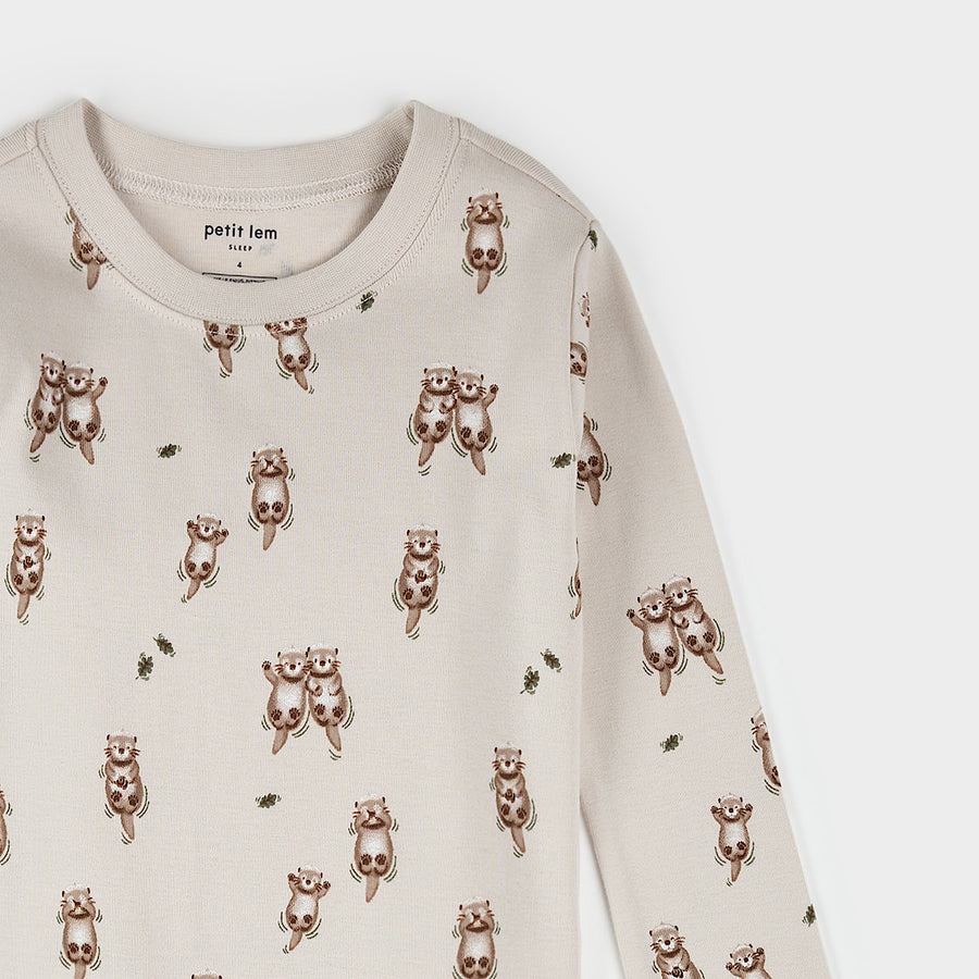 Petit Lem Ensemble pyjama crème imprimé loutre