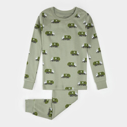 Petit Lem Recycling Truck Print on Fall Green PJ Set