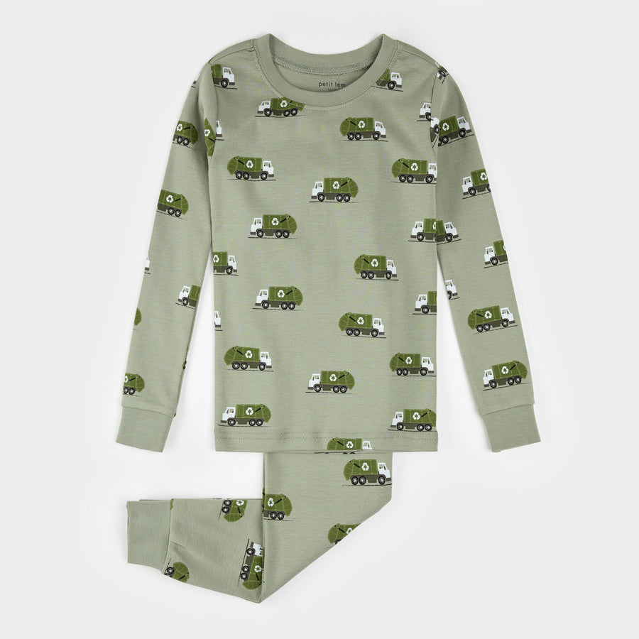 Petit Lem Recycling Truck Print on Fall Green PJ Set