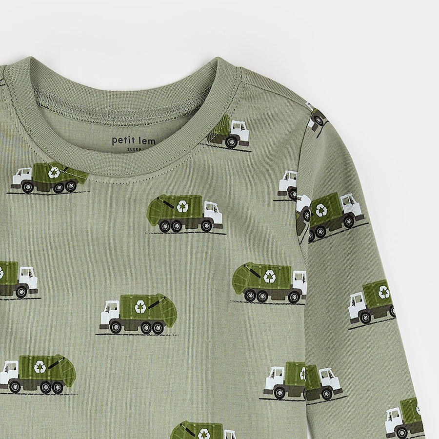 Petit Lem Recycling Truck Print on Fall Green PJ Set