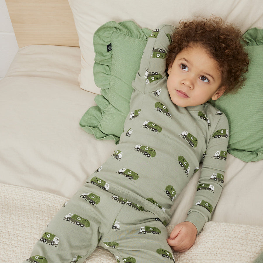 Petit Lem Recycling Truck Print on Fall Green PJ Set