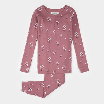 Petit Lem White Flowers Print on Mauve Ribbed PJ Set