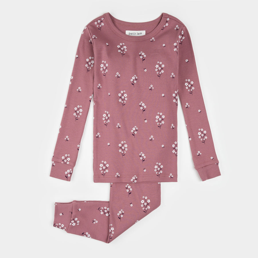 Petit Lem White Flowers Print on Mauve Ribbed PJ Set