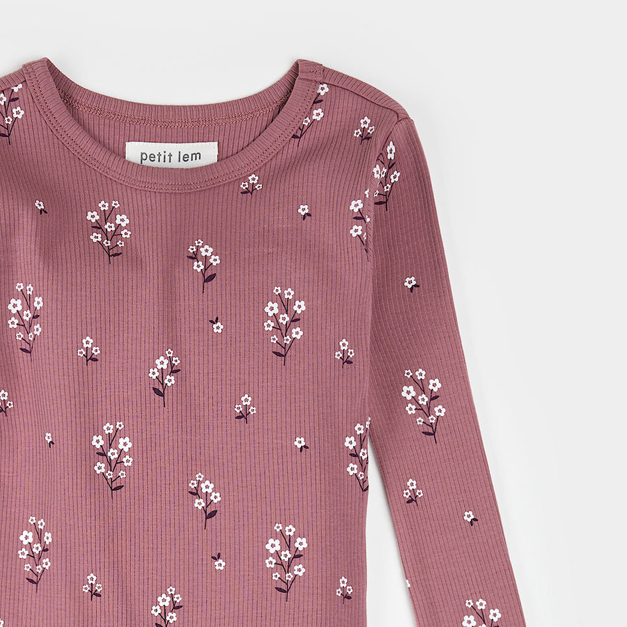 Petit Lem White Flowers Print on Mauve Ribbed PJ Set
