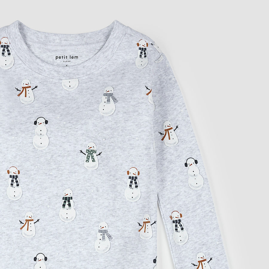 Petit Lem Snowman Print on Light Heather Grey PJ Set