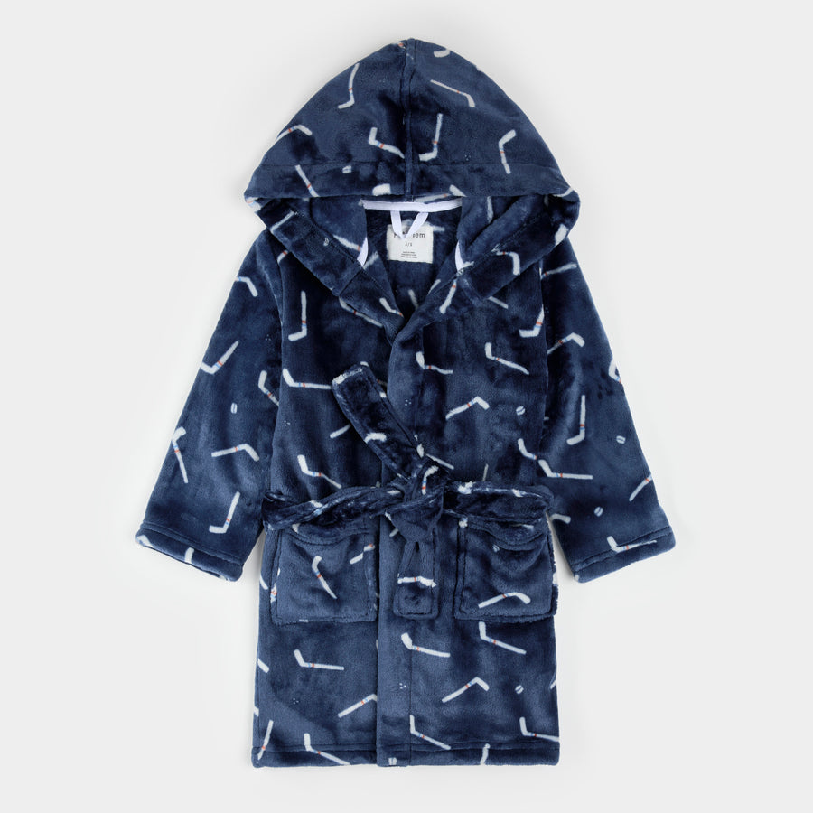 Petit Lem Hockey Sticks Print on Navy Blue Plush Robe