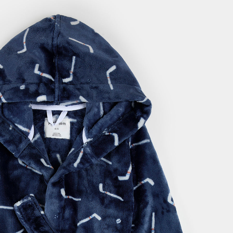Petit Lem Hockey Sticks Print on Navy Blue Plush Robe