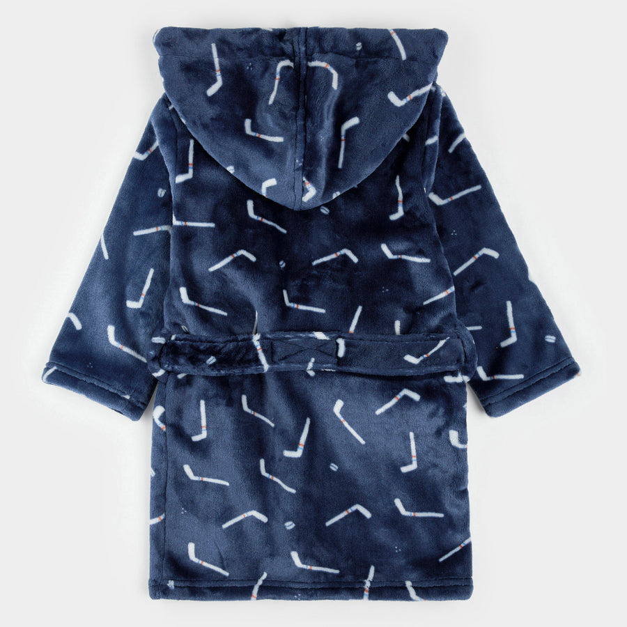 Petit Lem Hockey Sticks Print on Navy Blue Plush Robe