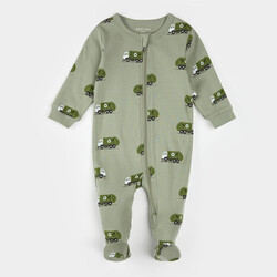 Petit Lem Recycling Truck Print on Fall Green Sleeper